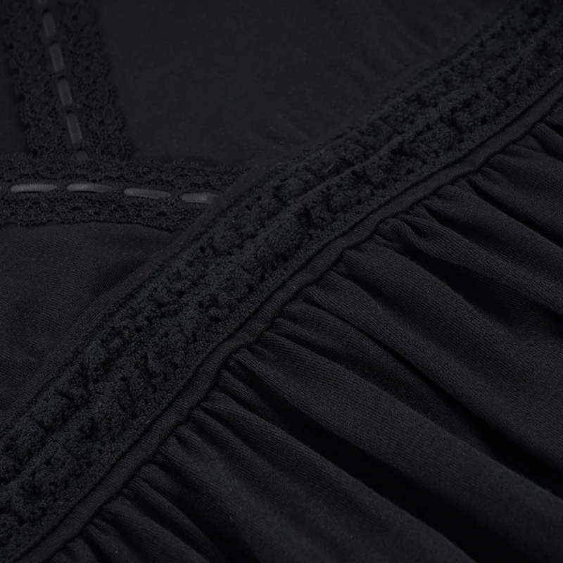SUCHCUTE Schwarzes Spitzen-Patchwork-T-Shirt mit V-Ausschnitt und kurzen Ärmeln für Damen, passend zu einfarbigen Basic-Tops, Sommer-Outfits, Y2k-T-Shirt, lässig – Detail 8