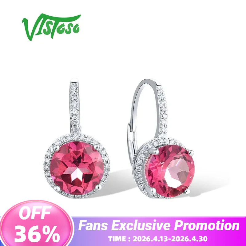 

VISTOSO Real 14K 585 White Gold Solitaire Loop Earrings For Lady Sparkling Diamond Pink Topaz Delicate Wedding Gift Fine Jewelry