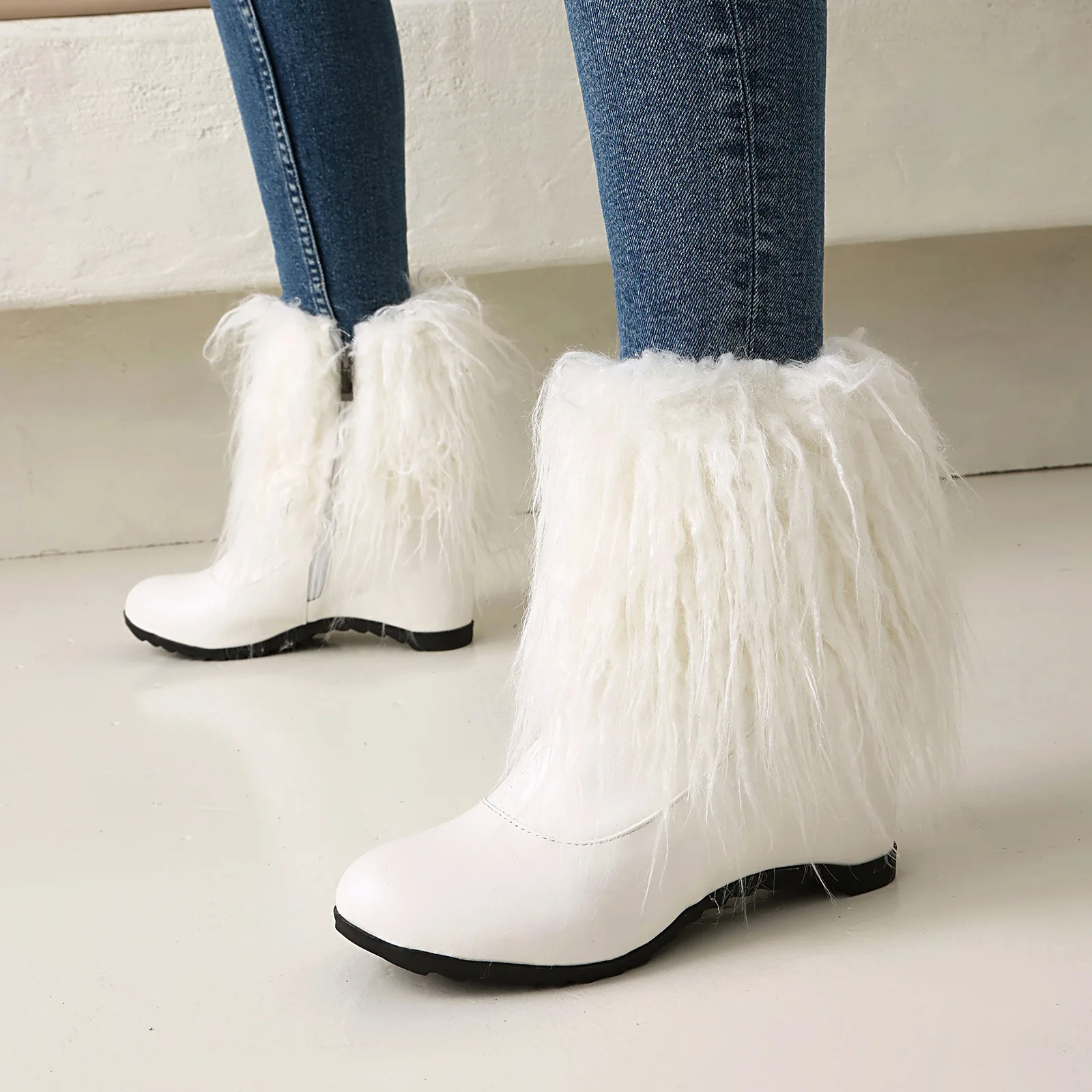 

Женские ботинки до середины икры, зимние теплые кожаные ботинки с отделкой из искусственного меха, круглый носок, низкий каблук, боковая молния, милые розовые ботинки для женщин, повседневные уличные ботинки