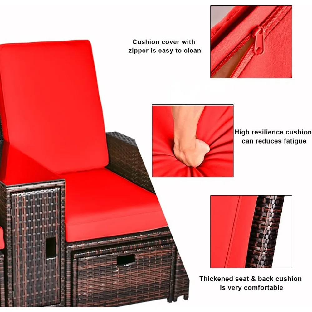 5PCS Outdoor Wicker Chaise Lounge Chair - Rattan Adjustable Reclining Patio Lounge Chair with Ottoman and Coffee Table,