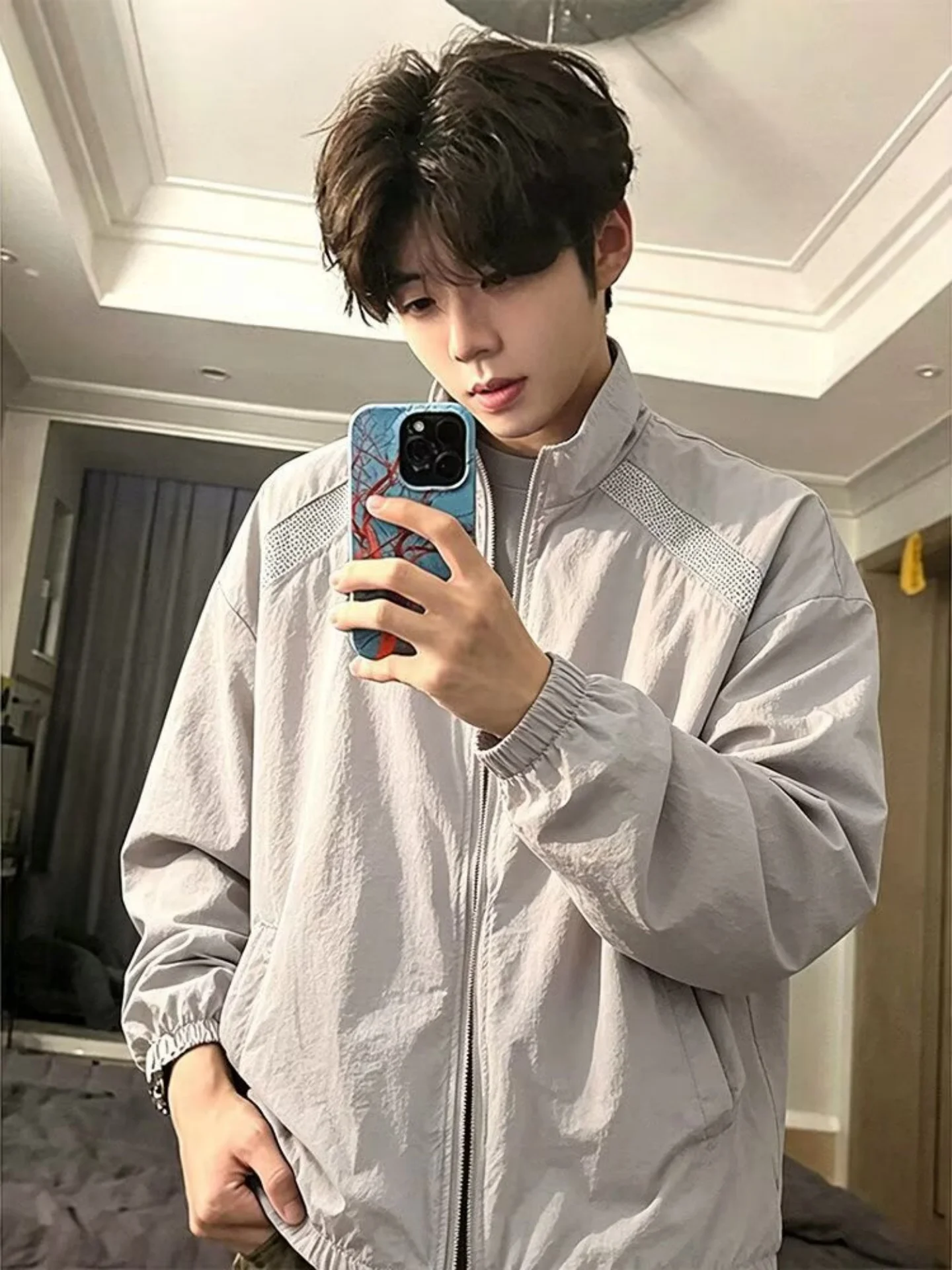 

Gray Stand Collar Men's Summer Lightweight Breathable UV Protection Jacket Thin Anti-UV Outerwear Cleanfit Disassembly Coat