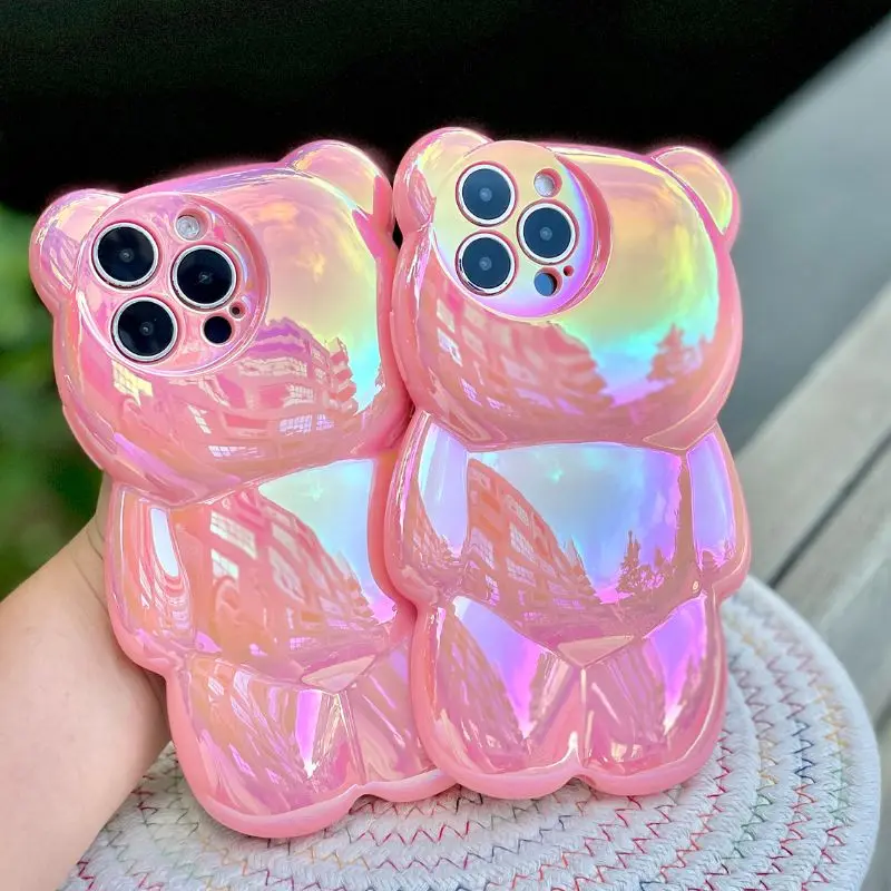 3D Laser Bear Case for iPhone 14 Pro Max Clear Glitter Rainbow Transparent Silicon Puffer Soft Cover for iPhone 13 Pro 11 12 14