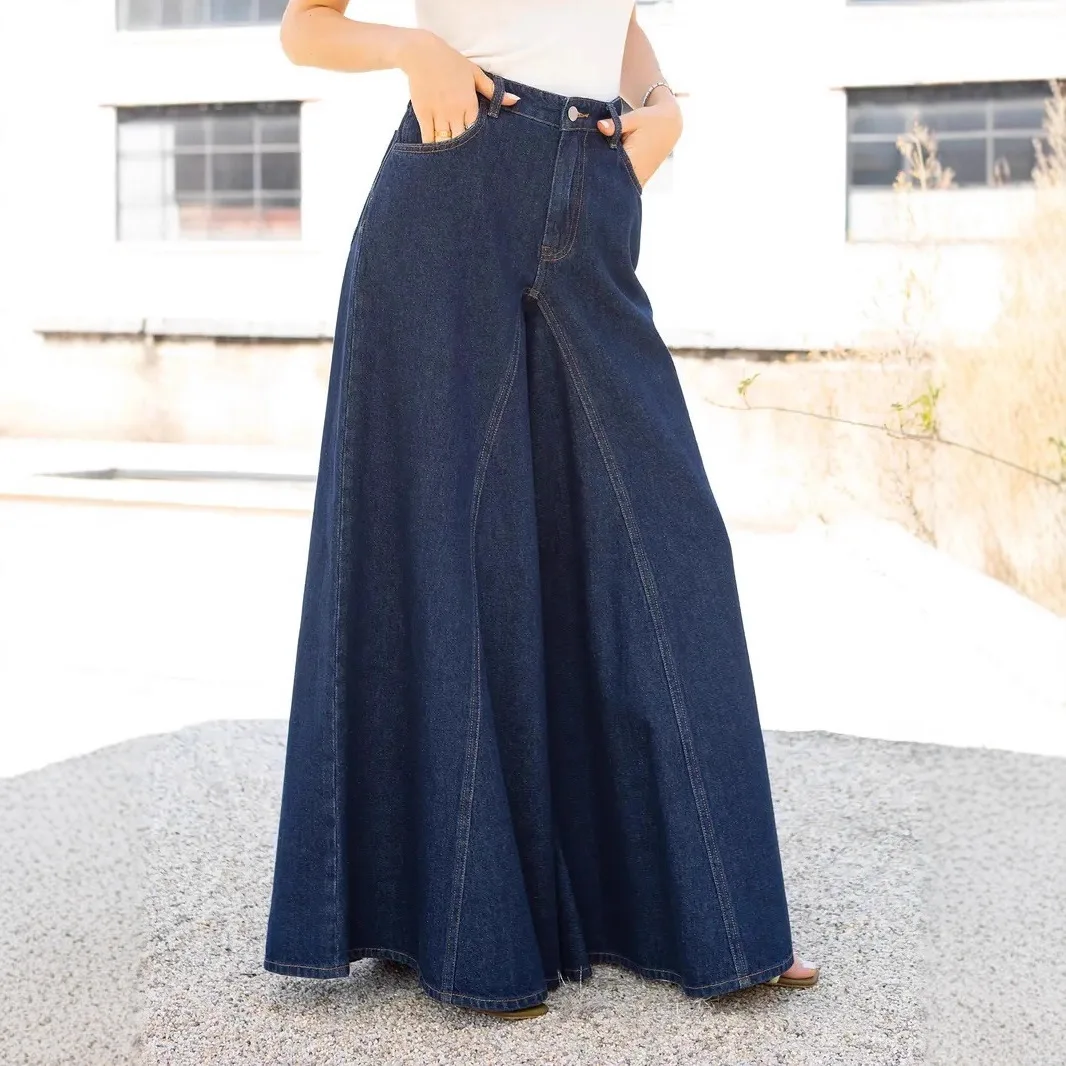 Elegant Simple High Waist Wide Leg Denim Jeans Women's Cotton Stretchable Blue Jeans Washed out Casual Trousers