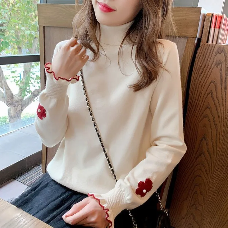 Turtleneck Embroidered Knitting Bottoming Shirt Women Autumn Winter Sweet Loose Sweater Fashion All-match Trend Knitwear Tops