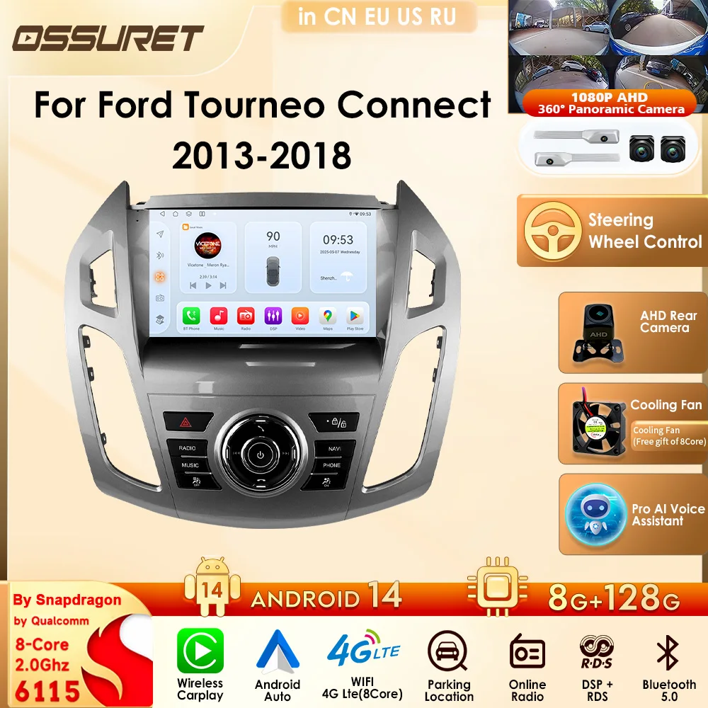 Octa Core Wireless Carplay Car Radio For Ford Transit Connect/ Tourneo Connect 2013-2018 2din Multimedia Snapdragon 6115 Player