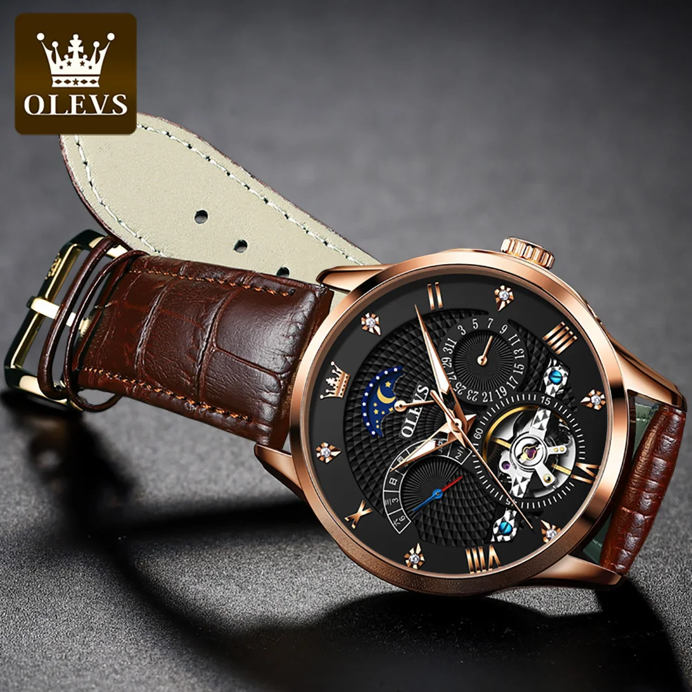 OLEVS Skeleton Flywheel Original Mechanical Wristwatch for Men Fashion Leather Strap Moon Phase Man Watch Luxury Automatic Watch