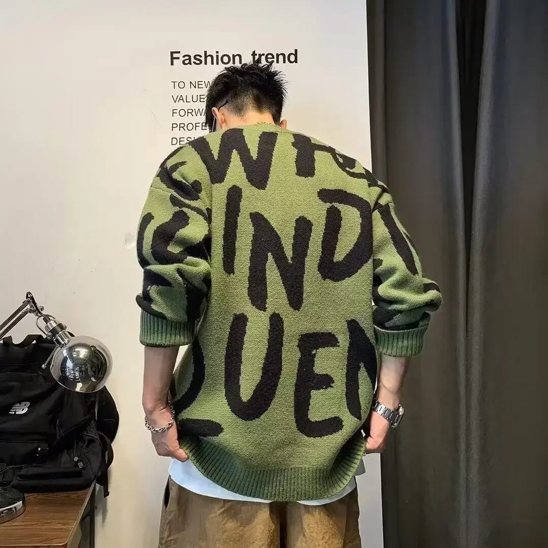 Pop Pullover Man Letter สีเขียวถักเสื้อกันหนาวผู้ชาย Crewneck หลวมรอบคอเสื้อผ้าข้อเสนอ Fit ราคาถูกทอ Top