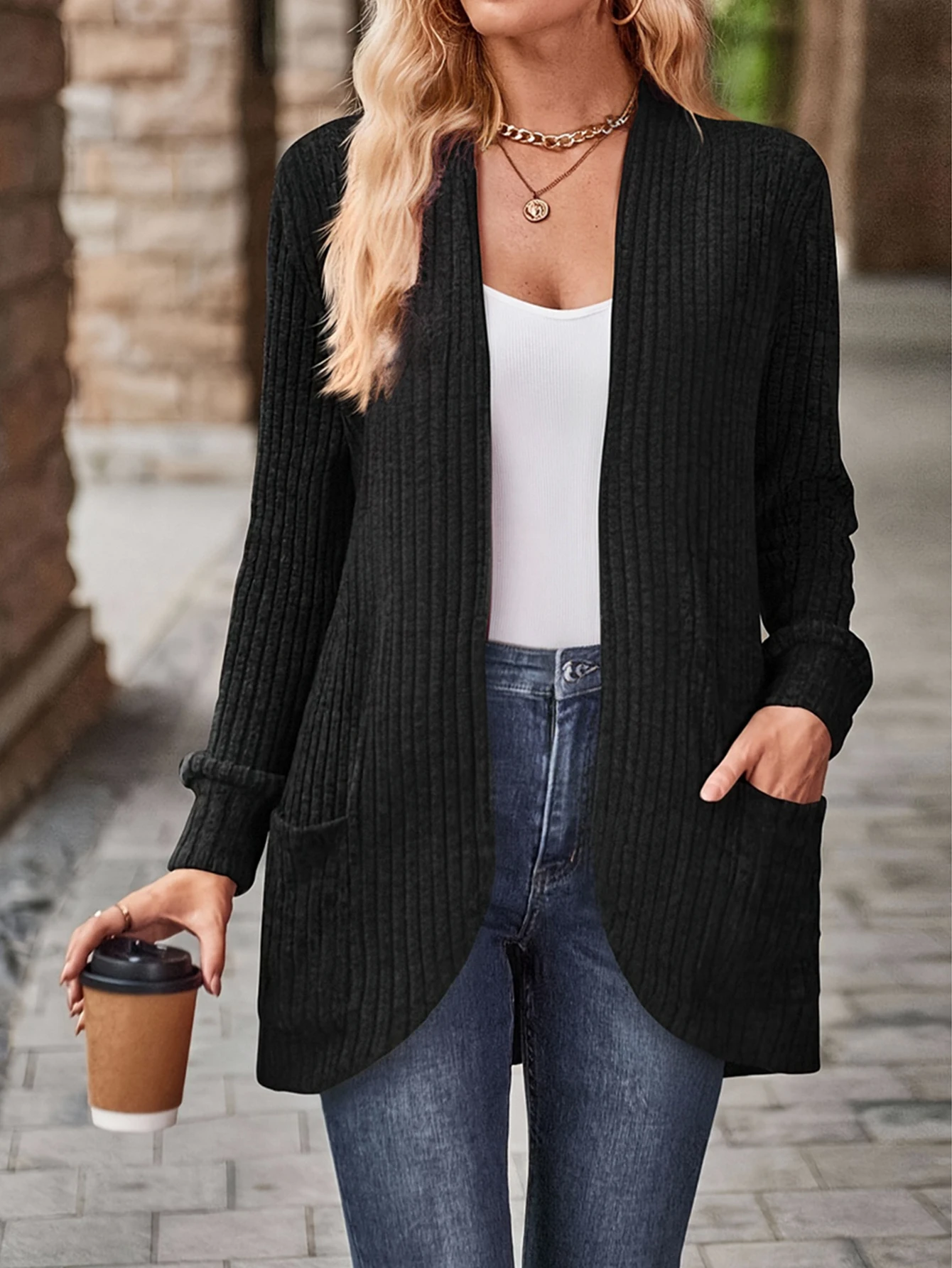 سترة نسائية كاجوال خفيفة الوزن بأكمام طويلة مفتوحة من الأمام للأعمال اليومية ملابس خارجية للخريف والشتاء