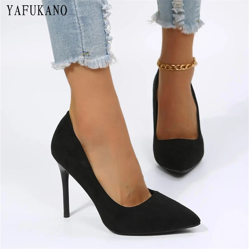 Fashion Point Toe Solid Flock Stiletto High Heels 10Cm/7Cm Sexy Women Pumps Elegant Ladies Office Work Shoes Small Size 33