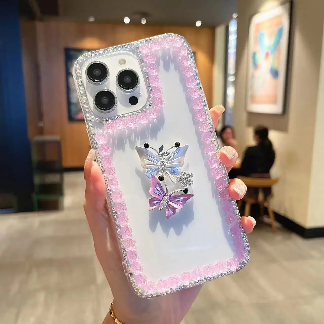 

Luxury Rose Flowers Bling Crystal Butterfly Diamond Case Cover for iPhone, 15Pro, 14Plus, 13 Pro, 12 Mini, 11Pro MAX