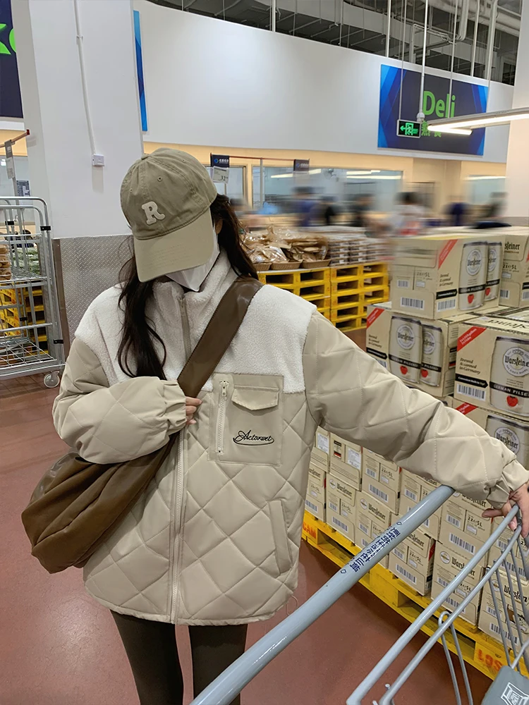 

Khaki Spliced Lamb Fur Cotton Jacket Women's Slim Fit Duck Pattern Bubble Cotton Coat Korean Style Long Sleeve Zipper Closure