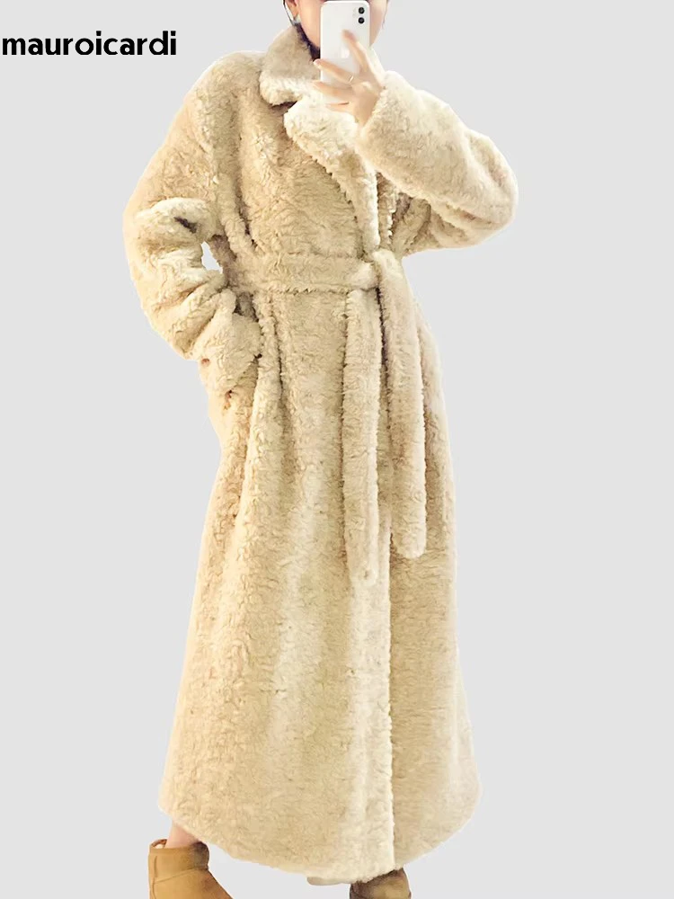 Mauroicardi outono inverno longo oversized cáqui grosso quente fofo fuzzy casaco de pele do falso feminino faixas solto casual casaco peludo