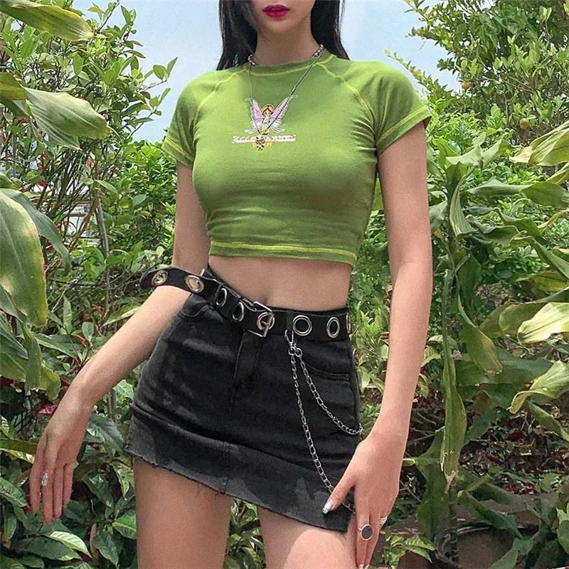 Graphic and Letter Printing Stitch Green Crop Tops O-neck Short Sleeve T-shirts clothes shirt vintage bf clothing tee