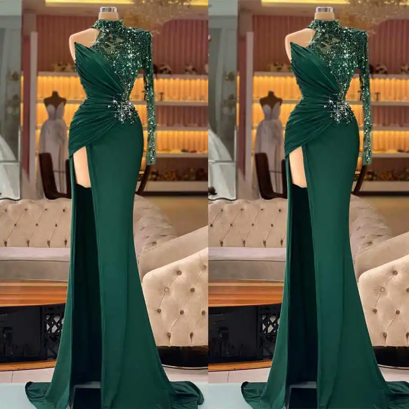 Elegant One‑Long‑Sleeve Mermaid Evening Dress Sequin Lace Ruched Waist High‑Split For Red Carpet Formal Banquet Customizd