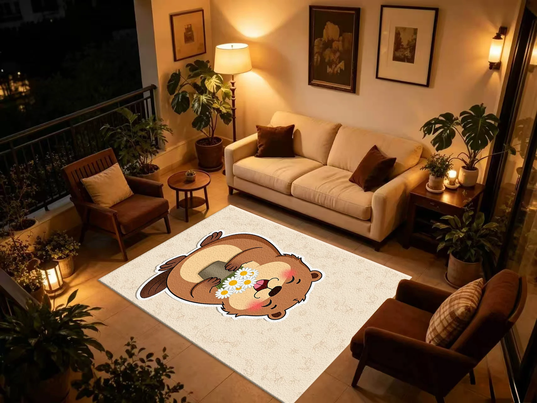 Cute Cartoon Beaver Holding Daisy Flowers Carpet Flooring Lovely Animal Printed Area Rug for Household Interior Home Decor