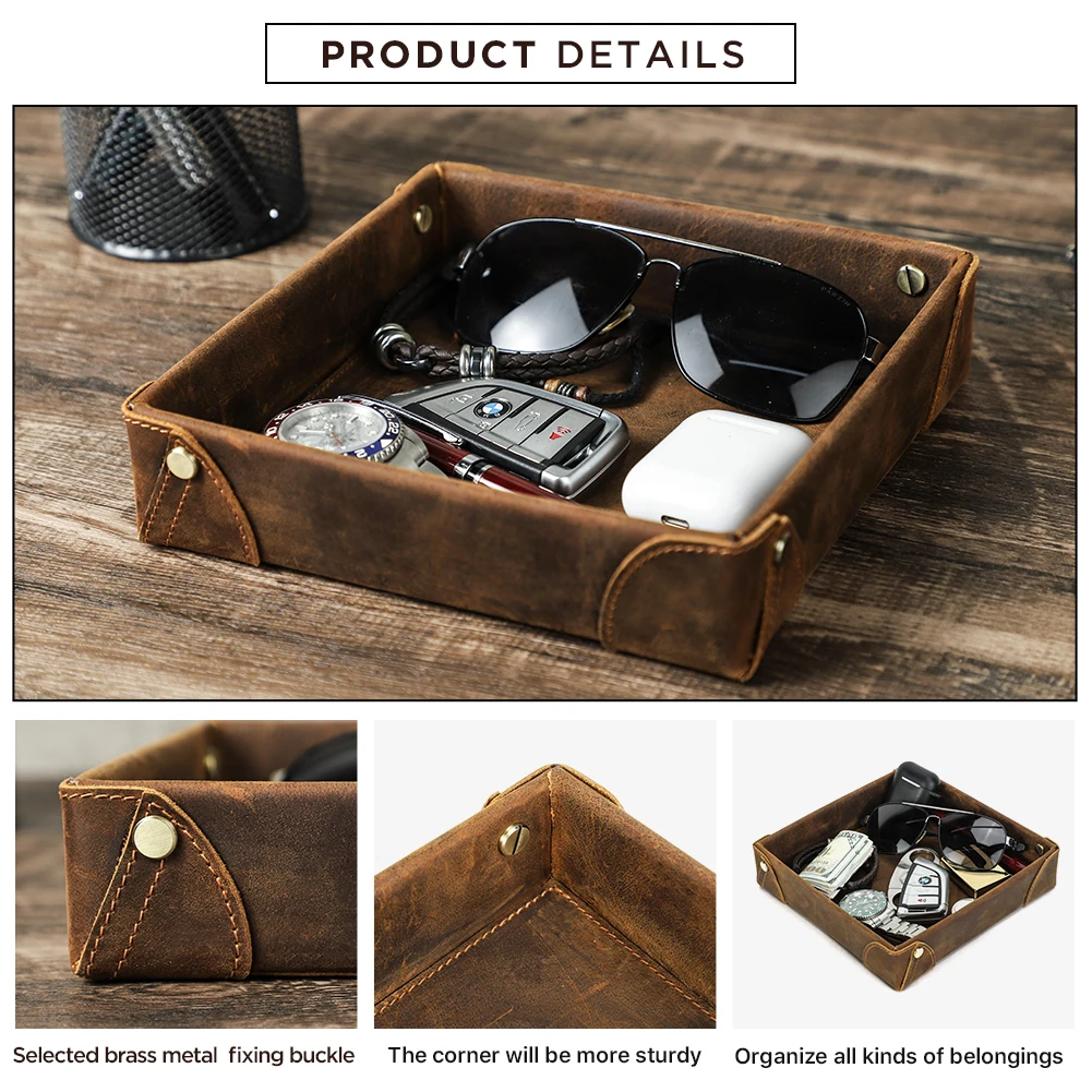 Retro Genuine Leather Storage Tray Desktop Organizer For Key Jewelry Coins Cable Cosmetic Storage Box Home Decoration