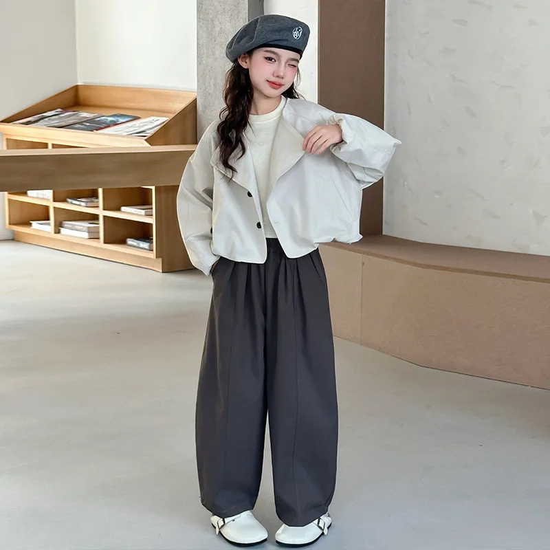 

Autumn Children Girls Two-piece Outfit Junior Girls Solid Long Sleeve Coat Teenager Girls Mid Waist Harem Pant Kid Girls Sets