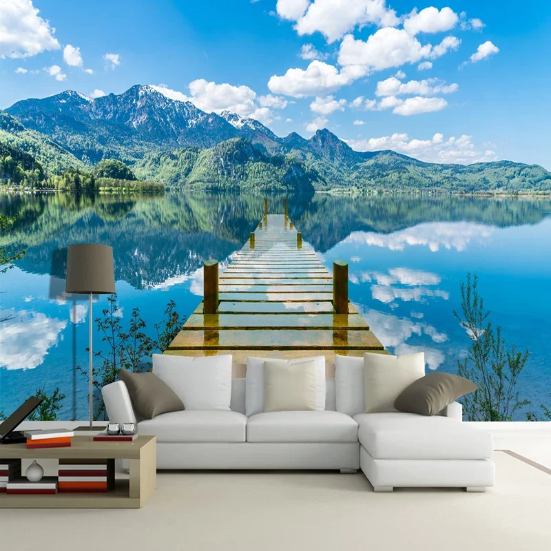 

3D Wallpaper Nature Scenery Blue Sky Wooden Bridge Lake Photo Wall Mural Living Room TV Sofa Backdrop Home Decor Wall Background