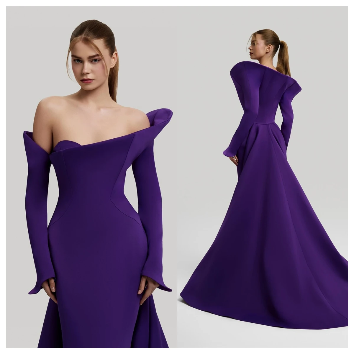 

Изящное фиолетовое вечернее платье из джерси по индивидуальному заказу без бретелек с длинными рукавами, платья знаменитостей на заказ, платья для особых случаев, темперамент