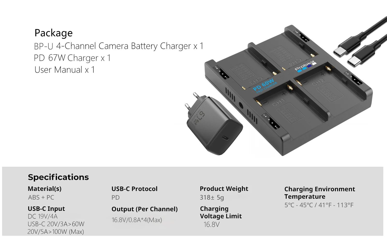 Probty 4-Kanal BP-U Akku PD 60 W Schnellladegerät für Sony BC-U1 und Sony BP-U30, BP-U60, BP-U90 Akkuladegerät – Detail 11