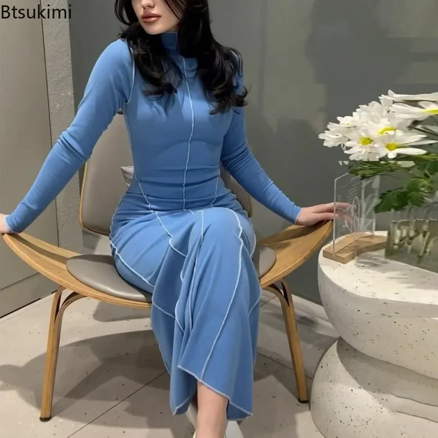 

2024 New Women Fashion Temperament Knit Dresses Half High Collar Slim Hip Wrap Maxi Dress Muslim Party Slim Vestido Modest Abaya