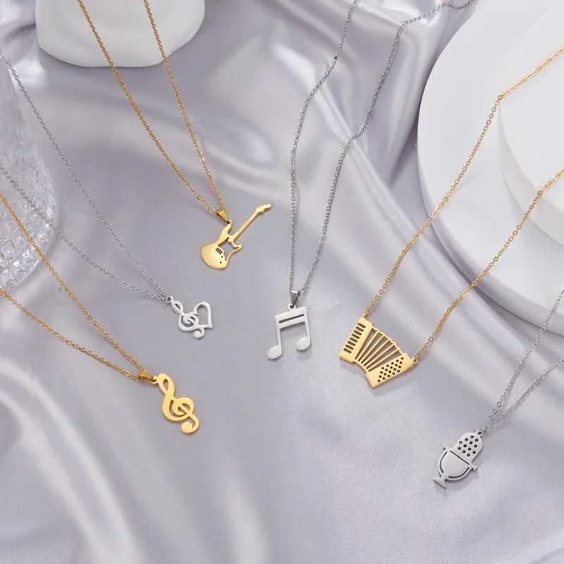 

Music Note Guitar Pendant Necklace for Women Men Stainless Steel Gold Color Microphone Accordion Neck Chain Jewelry Gift