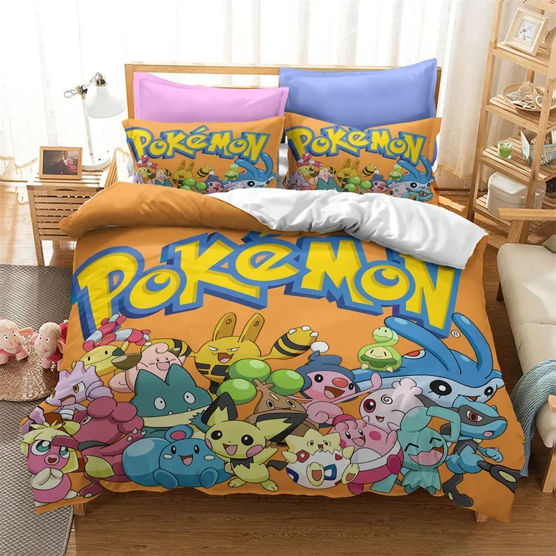 Pokemon Cartoon Quilt Cover Printed Bedding Suit Pikachu Strip Bed, Baby Kid Bedroom Bedclothes Bed Quilts Bedclothes 2/3pcs Set