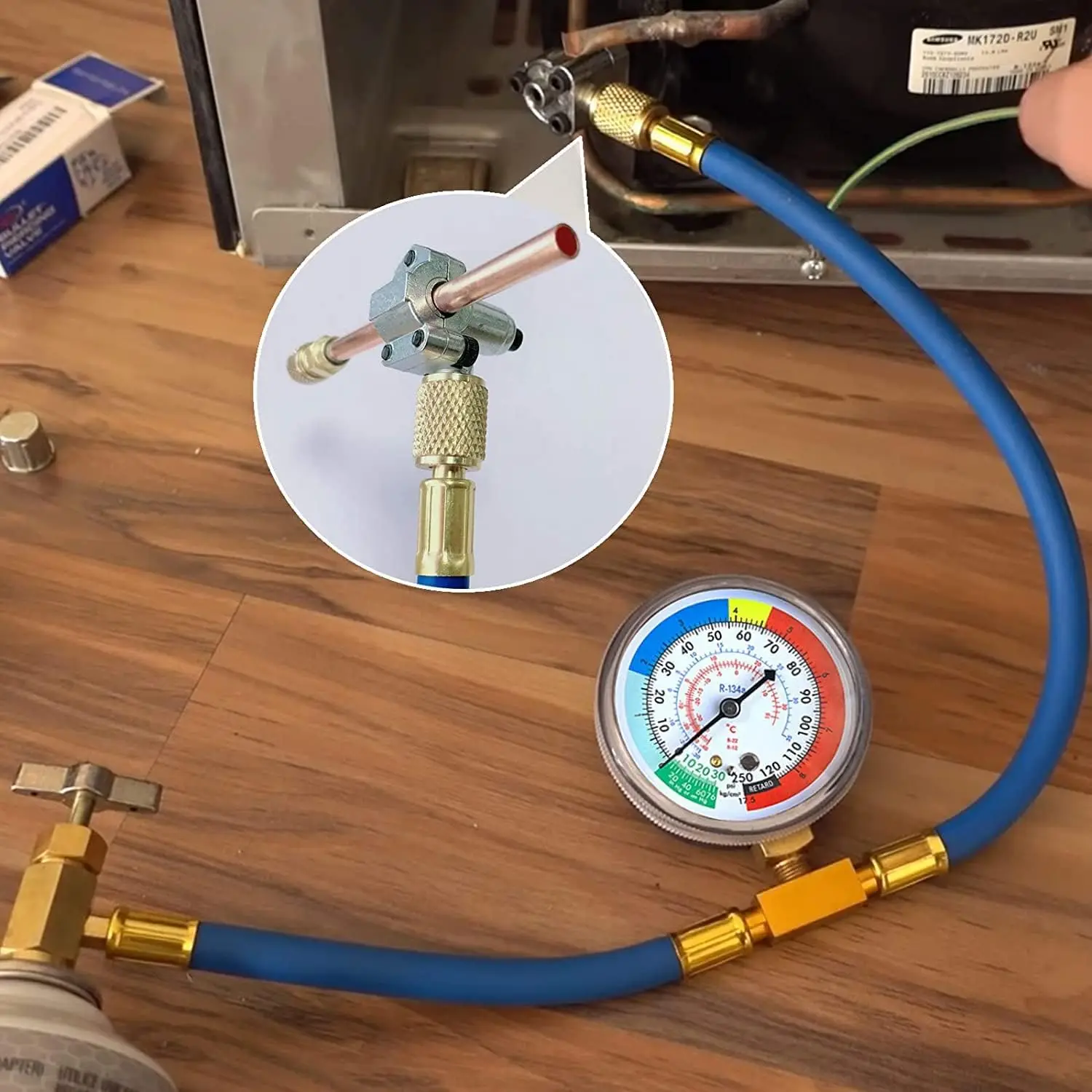 R134A Refrigerator Freon Recharge Hose Kit, R134A AC Refrigerant Charging Hose Gauge for Home AC Refrigerant System