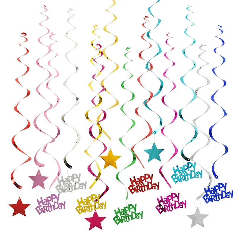 6pcs/set Happy Birthday Spiral Banner Ceiling Hanging Decor Star Garland PVC Swirl Banner for Kids Birthday Party Decoration