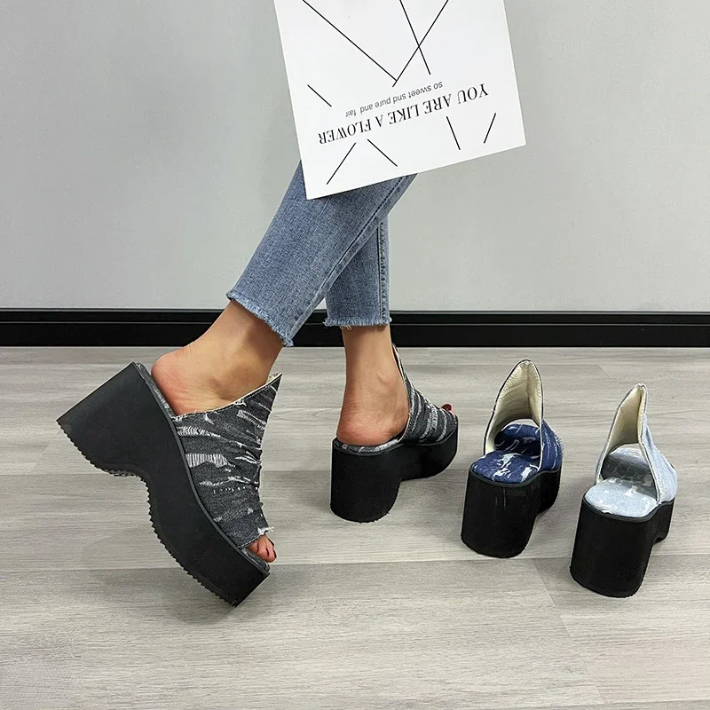 ผู้หญิงแฟชั่น DENIM Blue Wedges รองเท้าแตะฤดูร้อน Chunky Platform รองเท้าส้นสูงรองเท้าแตะผู้หญิงหนา Soled รองเท้าชายหาด PLUS ขนาด 43