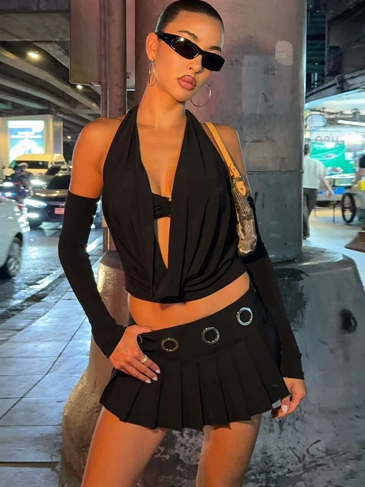 

Kliou сексуальные модные топы на бретелях + длинный рукав, женский чехол с лямкой на шее, с открытой спиной и пупком, горячие девушки, наряды в уличном стиле