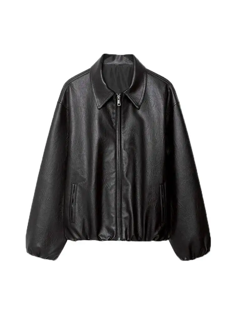 Chaqueta Bomber de piel sintética para mujer, ropa de abrigo elegante de manga larga con dobladillo elástico, Top de moda femenina