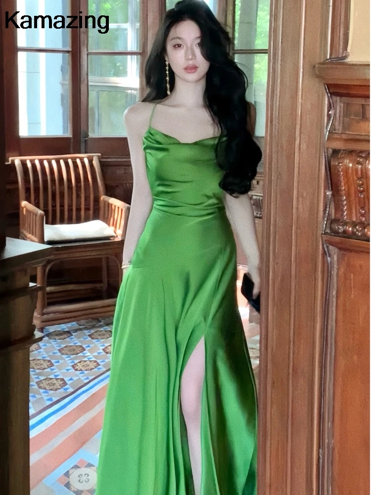 Summer Green Evening Midi Dress Chic Elegant Slim Waist Vestidos Office Lady Korean Y2K Straps Dresses Women Vintage Clothing