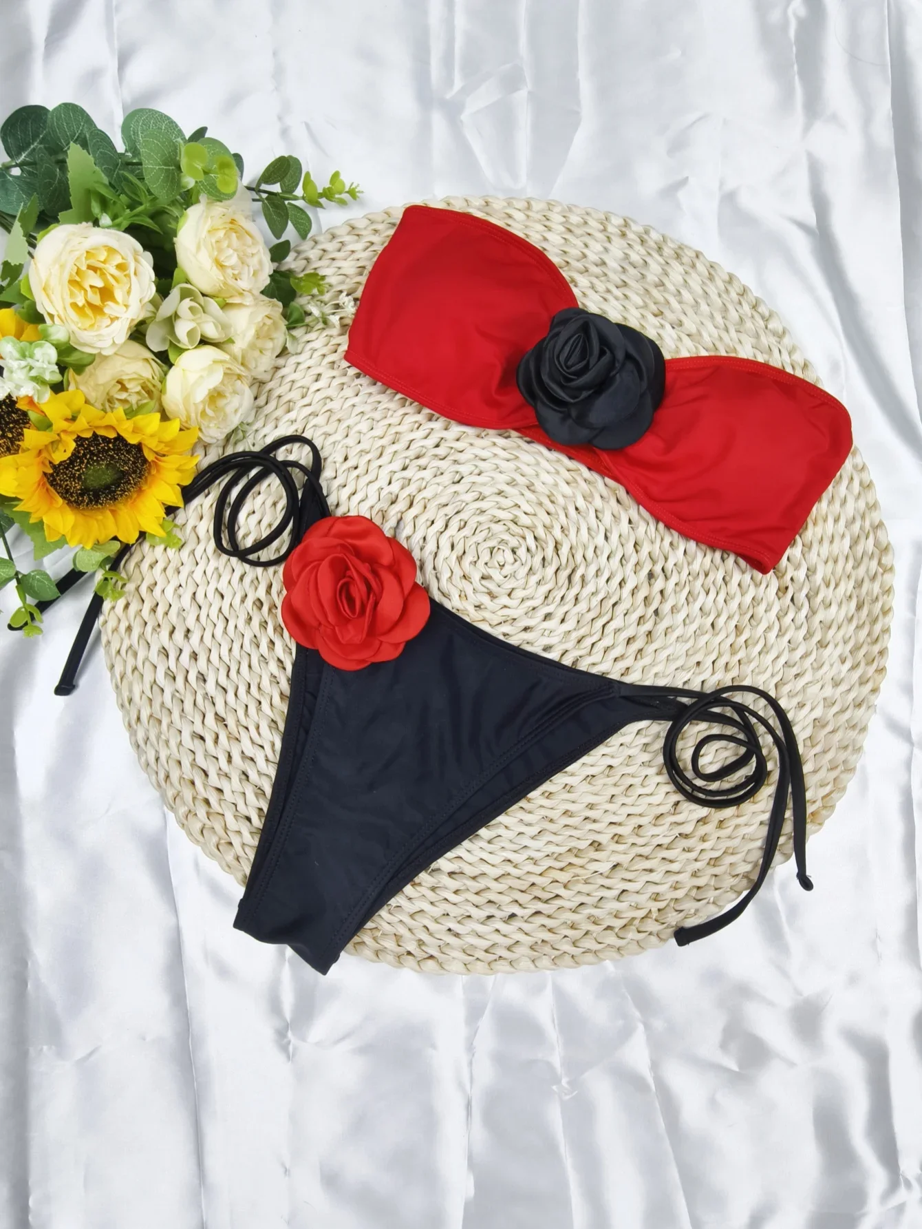 Costume da bagno floreale 3D Donna Costume da bagno a fascia con stringhe 2025 Costume da bagno push up sexy Costume da bagno femminile Nuoto Costumi da bagno estivi