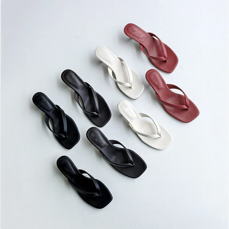 

Dave&di Summer French Lazy Leather Slippers Square Headed Kitten Heels Flip Flops Casual Vacation Shoes Sandals Shoes For Woman