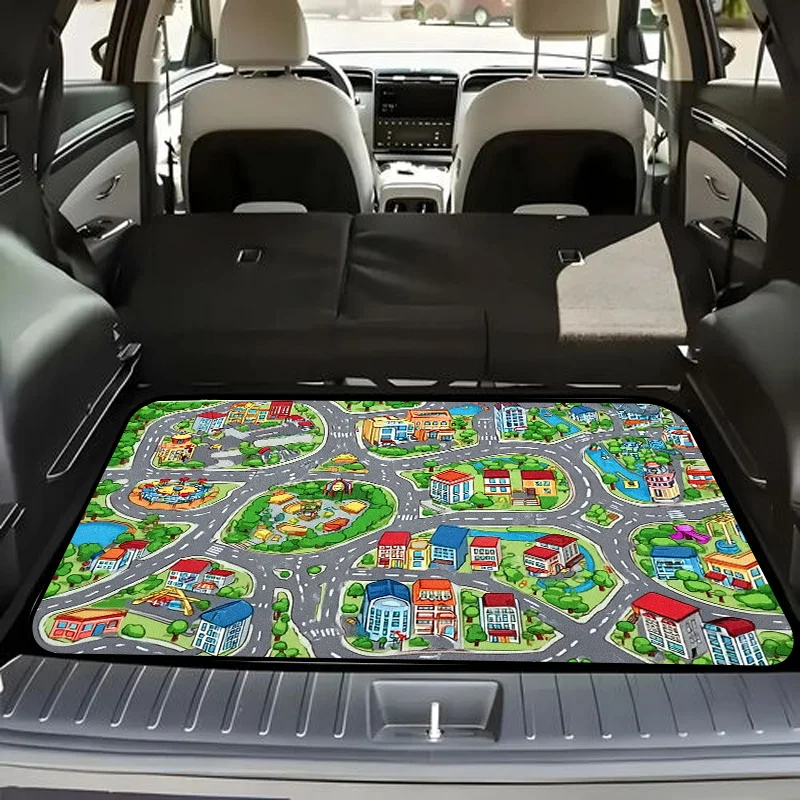 1pc A Trendy Car Trunk Mat Featuring A Colorful City Map Design With Different Buildings, Roads, Trees, And Playgrounds. Made Fr