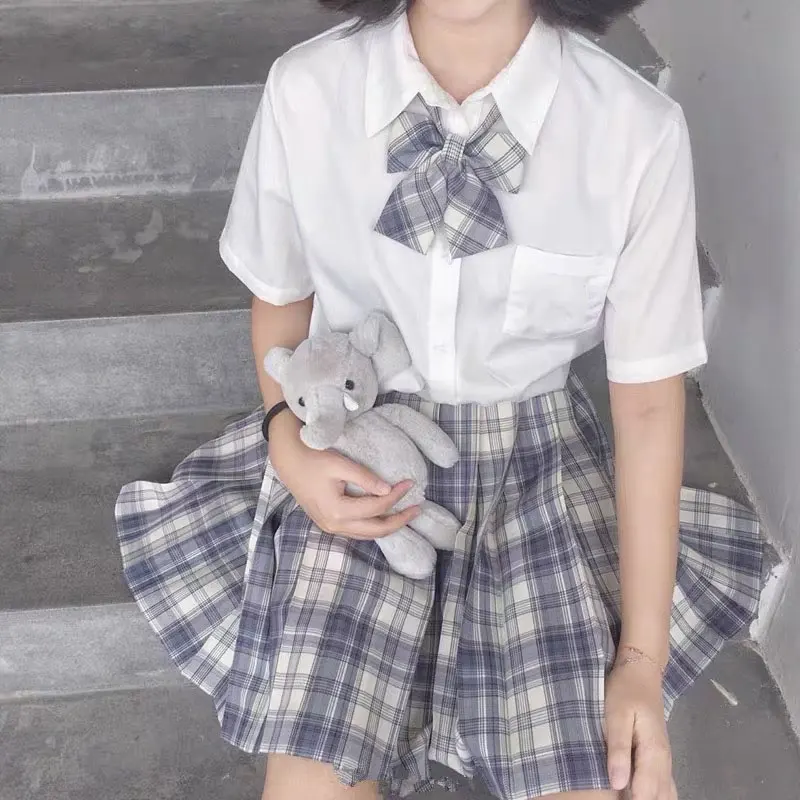 Korean School JK Uniform School Shirt Plaid Skirt Set South Korea Students Short Sleeve Japanese Pleated Skirt Set Girl Seifuku