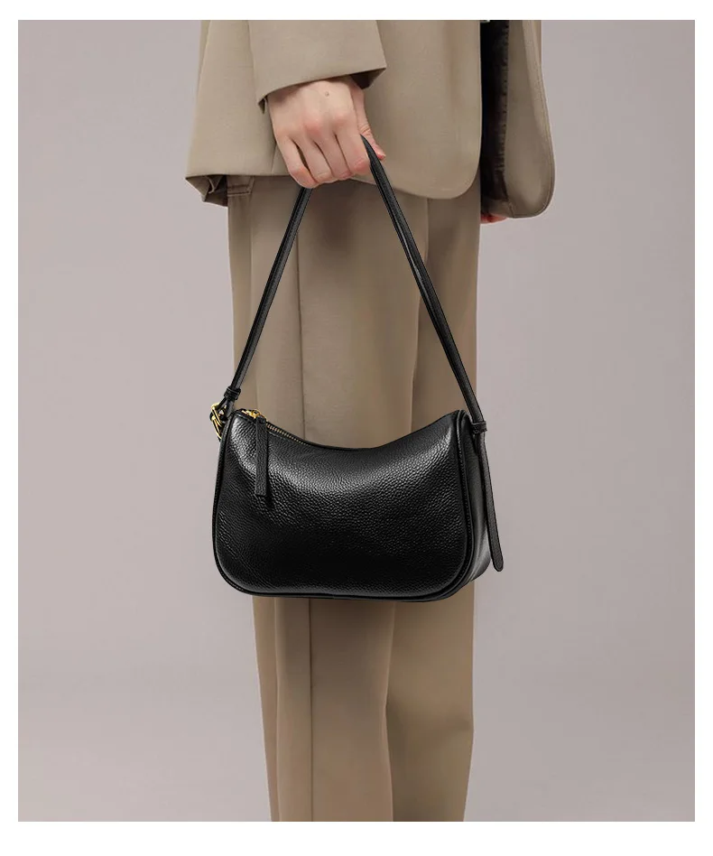 Schwarze Echtleder-Umhängetasche für Damen, Kleine Handytasche, Modisches Accessoire – Detail 3