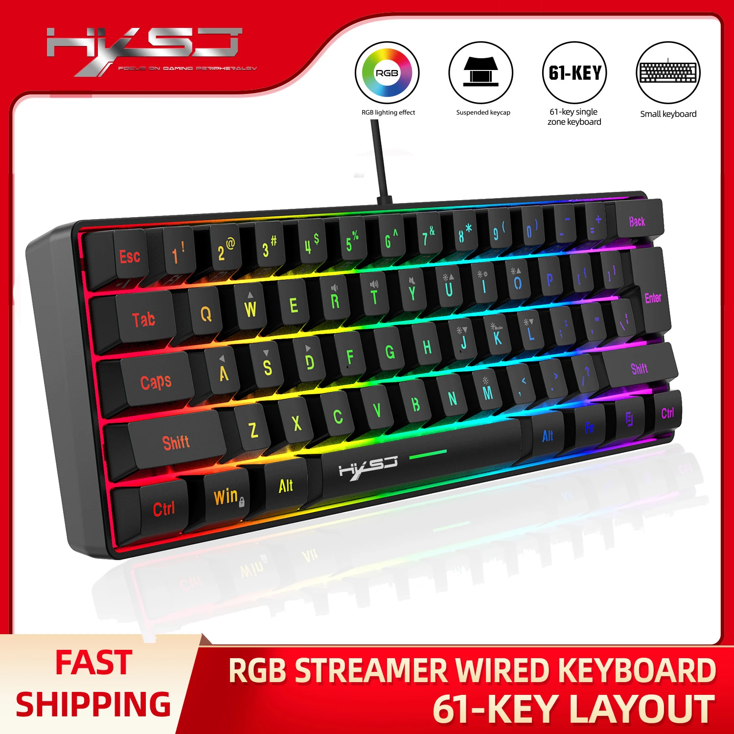 HXSJ 60% przewodowa klawiatura do gier 61 klawiszy podświetlana RGB Ultra kompaktowa ergonomiczna klawiatura membranowa dla graczy PC PS4