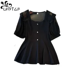 Big Size Women's Shirts Black Short Sleeve New Solid Color Chiffon Blouse Female Korean Loose Temperament Thin Cover Crop Tops