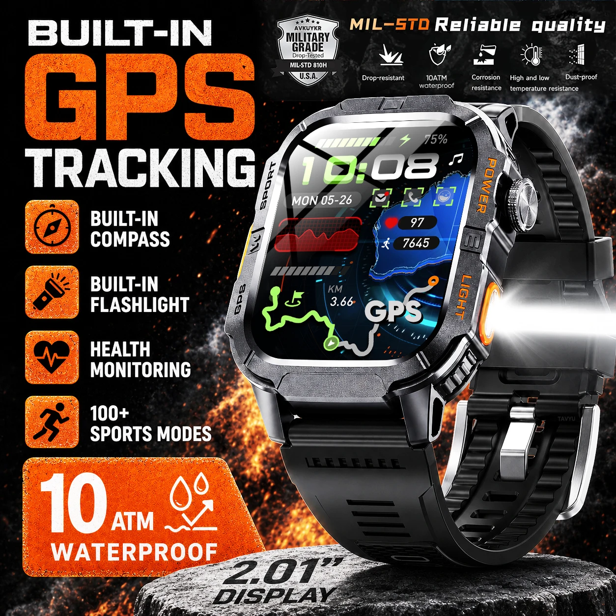 Built-in Precise GPS Military Smart Watch 2.01"AMOLED Display Compass 10ATMWaterproof  Flashlight 100+Sport Durable Watch Unisex