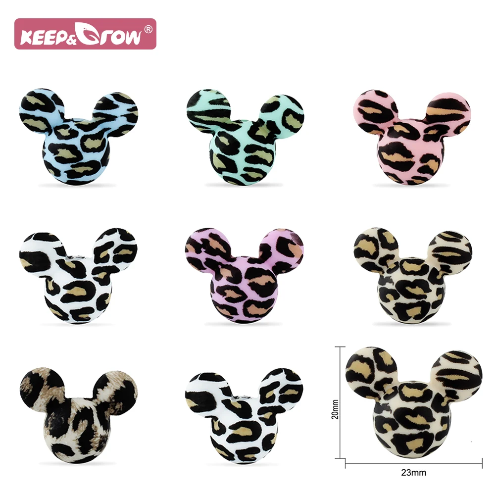 Cuentas de silicona con estampado de leopardo y ratón para bebé, accesorios de cadena para chupete, juguetes de dentición para bebé, 10 piezas