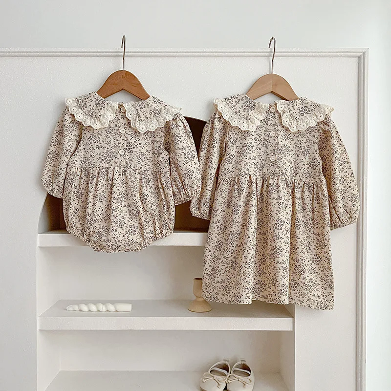 

New Spring and Autumn Baby Lace Collar Romper Baby Jumpsuit Girls Floral Dress Princess Sister Outfit