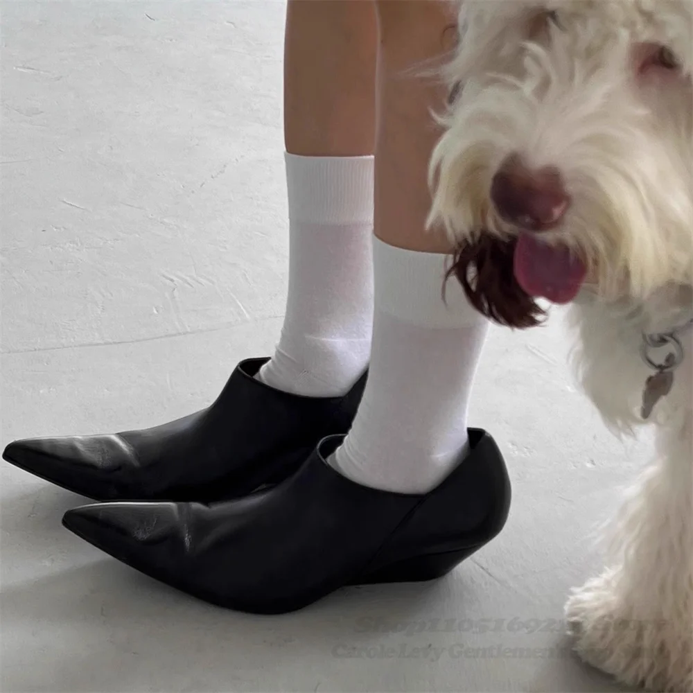 Black Pointed Subway Loafers Men Soft Leather Thick Sole Wedge Heels Dark Style Upturned Small Leather Shoes Autumn Casual Shoes