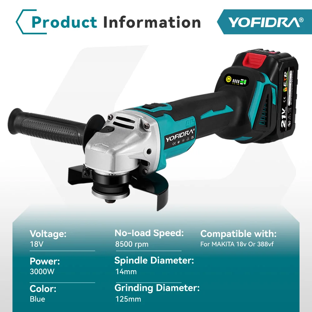YOFIDRA 125mm Brushless Angle Grinder 4 Gear Cordless Grinding Machine Cutting Woodworking Power Tool For Makita Battery Pin