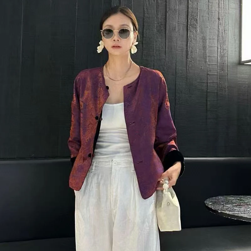 

Осенняя двусторонняя носимая передняя шелковая + бархатная ткань с круглым вырезом сзади, жаккардовая ткань из искусственного шелка, модная женская куртка S-XL