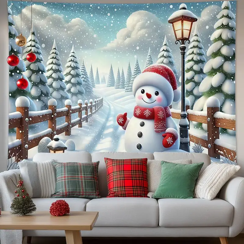 VIKAMA Moonnight Forest Snowman Christmas Tapestry, Magical Wall Art Background Cloth for Enchanted Living Room Aesthetic Decor