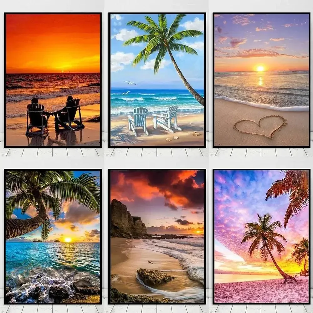 Romantische Strand Sonnenuntergang Landschaft Leinwanddruck Meerblick Wandkunst für Wohnzimmer Dekor Natürliche Liebhaber Malerei Poster