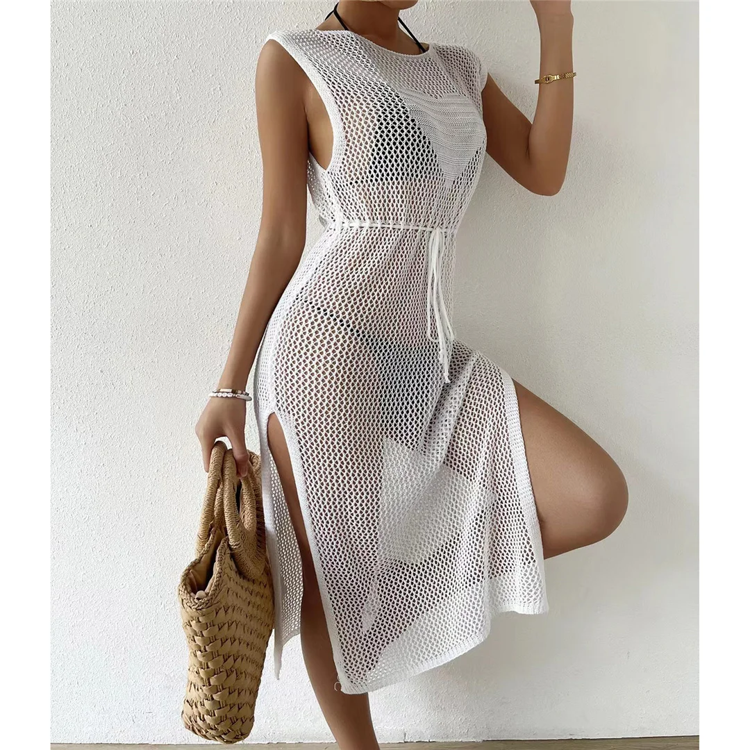 Neues, durchsichtiges, gehäkeltes, gestricktes Strandkleid mit Ausschnitten, Bikini-Überwurf, zweiteiliges Strandkleid, Strandmode, Damen V4221 – Detail 10
