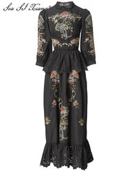 Seasixiang Flower Embroidery Dress For Women Stand Collar Lantern Sleeve Ruffles Vintage Party Long Dress Autumn Female New